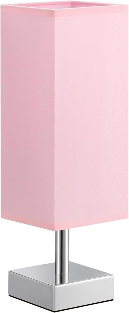 Pink Small Table Lamp for Bedroom - Bedside Lamps for Nightstand, Minimalist Night Stand Lamp with Square Fabric Shade, Desk Reading Lamp for Kids Room Dorm Nursery