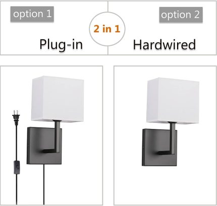 Plug in Wall Sconce Set of 2, Indoor Bedside Wall Lamp Light with Plug-in Cord and On Off Toggle Switch, Vintage Industrial Nightstand Lamps with White Fabric Square Lamp Shade for Living Room, Black