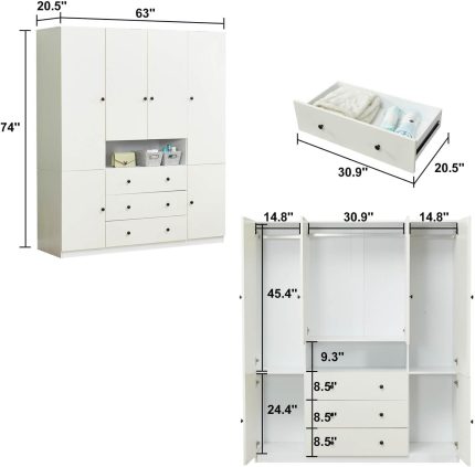 Wardrobe Closet Armoire Wardrobe Closet White Storage Cabinet Wooden Clothes Closets Cabinet Bedroom Armoires Cabinet with Hanging Rod Shelves