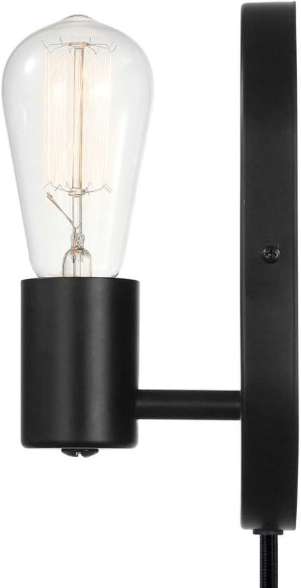 51488 1-Light Plug-in or Hardwire Wall Sconce, Matte Black, 6ft Black Fabric Covered Cord, Inline On/Off Rocker Switch, Wall Lights for Bedroom, Bulb Not Included