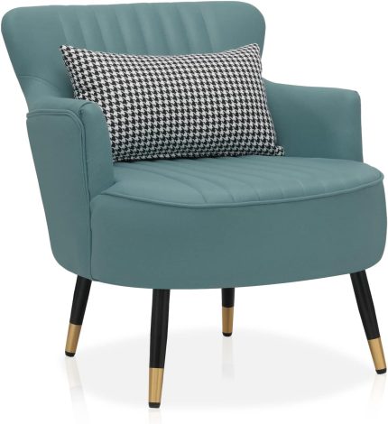 Accent Chairs for Bedroom, Mid-Century Modern Accent  Arm Chair for Living Room, Upholstered Comfy Reading Chair Single Sofa Chair with Lumbar Pillow and Metal Legs,