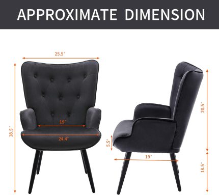 Velvet Accent Chair Modern Upholstered Side Armchair with Tapered Legs Tufted Button Wingback Sofa Chairs Tall Back Reading for Living Room Bedroom Waiting Room, Black