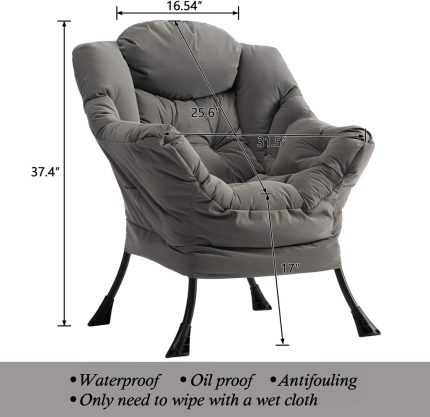 Modern Fabric Large Lazy Chair, Accent Oversized Comfy Reading Chair, Thick Padded Cozy Lounge Chair with Armrest, Steel Frame Leisure Sofa Chair for Living Room, Bedroom, Dorm, Grey