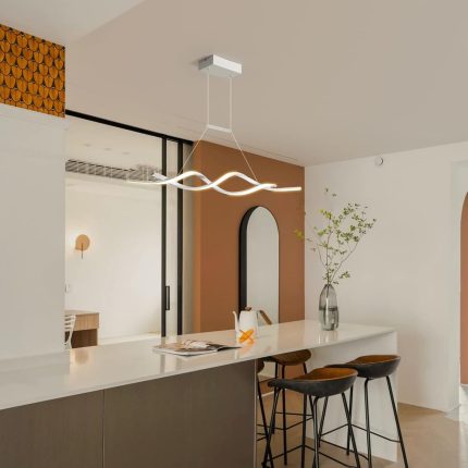 Modern Pendant Light, Dimmable LED Chandelier with Remote Control, Wave Shape Chandelier Lighting, Chandeliers for Dining Rooms Kitchen Island Restaurant Living Room, 3000-6000K, 28W, White