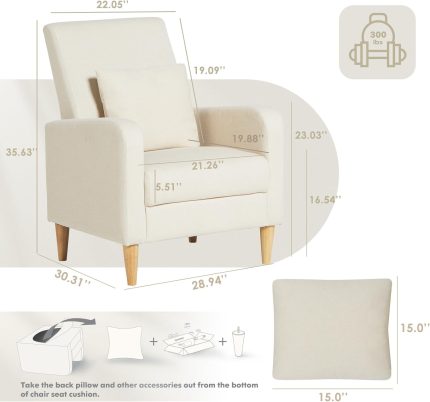 Modern Wingback Living Room Chair, Upholstered Fabric Accent Armchair with Pillow, Single Sofa Chair with Lounge Seat and Wood Legs for Bedroom/Office/Reading Spaces, Cream
