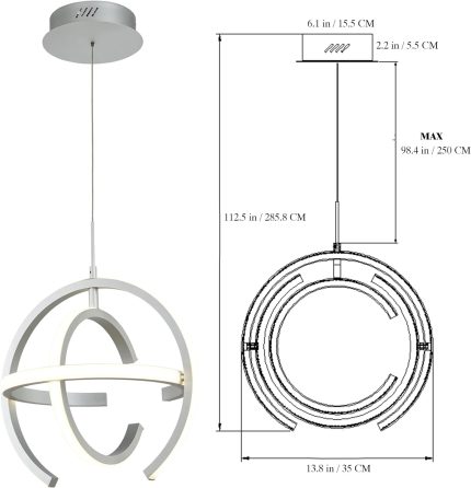 Modern LED Chandelier Fixtures, Pendant Light Kitchen Island Round 4000K Dimmable,Foyer Stairway Adjustable Silver Hanging Lamps for Dinning Room,Bedroom,Corridor