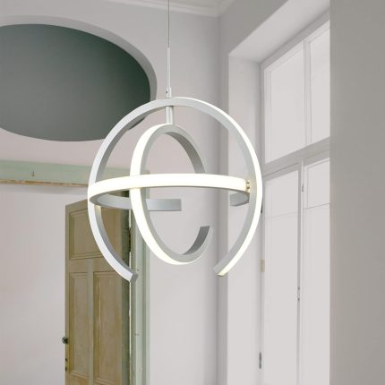 Modern LED Chandelier Fixtures, Pendant Light Kitchen Island Round 4000K Dimmable,Foyer Stairway Adjustable Silver Hanging Lamps for Dinning Room,Bedroom,Corridor