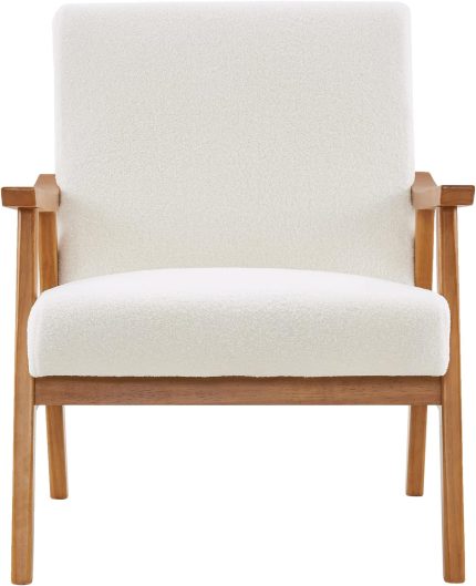 Mid-Century Accent Chair Modern Retro Leisure Chair with Solid Wood Frame Upholstered Teddy Fleece Fabric Single Sofa Armchair for Living Room, Bedroom, Balcont, Creamy-White