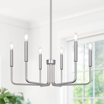 6-Light Farmhouse Chandelier for Dining Room Lighting Fixtures Hanging, Brushed Nickel Dining Light Fixtures Industrial Chandelier for Bedroom, Foyer, Hall, Kitchen, Living Room and Entryway