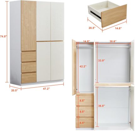 Armoire Wardrobe Closet with 3 Doors Wooden Bedroom Armoires Clothes, Wood Wardrobe Closets Storage Cabinet with Hanging Rod Shelves Drawers Closets