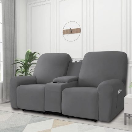 Stretch Recliner Loveseat Cover with Center Console Sofa Slipcover Soft Fitted Fleece 2 Seats Couch with Holder and Storage Washable Furniture Protector Gray