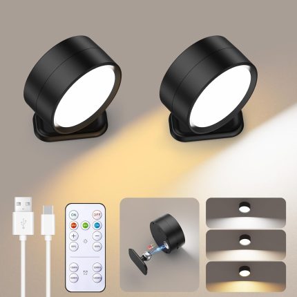 LED Magnetic Wall Sconce Lights, 2 Pack USB Rechargeable Wall Mounted Lights with Remote, 3 Lighting Colors and Dimmable, 360° Rotation Cordless Wall Mount Lamp for Bedroom, Black