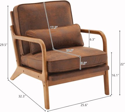 Accent Chair Mid-Century Modern Chair with Pillow Bronzing Cloth Lounge Arm Chair with Solid Wood Frame & Soft Cushion for Living Room, Bedroom,  Brown