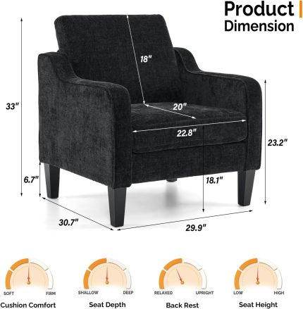 Accent Chairs for Living Room Chairs Reading Chair Mid Century Modern Chair Soft Chenille Sofa Chair Upholstered Arm Chair Comfy Chair Side Chair (Black Chenille)