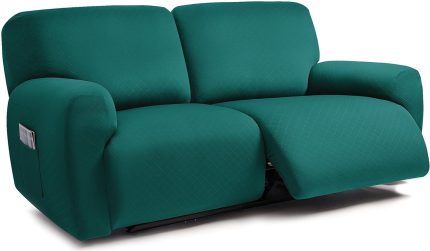 Squared Jacquard Design Extra Wide 75" - 100", Reclining 2 Seater Sofa, Extra Wide 6-Piece Reclining LoveSeat Slipcover, Reclining Sofa Covers, Thick, Soft, Washable (Deep Teal)