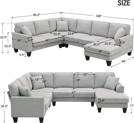 Modern U Shape Sectional Sofa, 7 Seat Fabric Sectional Sofa Set, 3 Piece Sectional Sofa with 3 Pillows for Living Room Apartment,Office,Light Gray