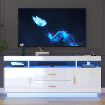 High Gloss Entertainment Center White with 3-Colors Lighting, LED Modern TV Stand for 65+ inch TV, Home Storage Cabinet, Console Media Cabinet for Living Room (Pearl White)