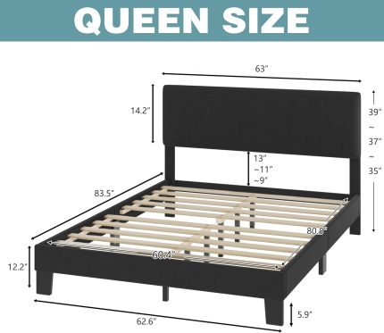 Queen Bed Frame with Headboard,Linen Upholstered Bed Frame with Wood Slats Support,No Box Spring Needed,Heavy Duty Feet,Easy Assembly,Dark Grey