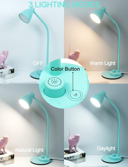 LED Desk Lamp with USB Charging Port, 3 Color Modes Fully Dimmable Reading Lamp, Auto Dimming Task Lamp, Flexible Gooseneck Table Light for Office Dorm Bedside, Adapter Include, Teal