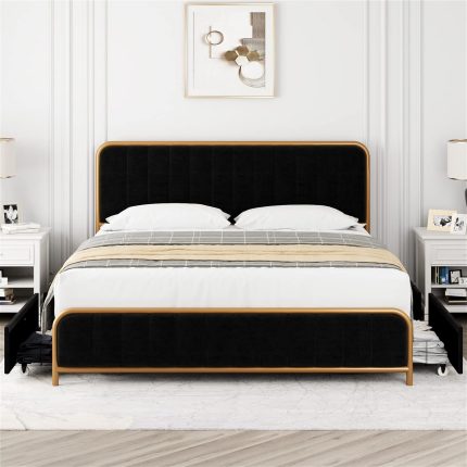 Upholstered Queen Size Bed Frame with 4 Storage Drawers and Headboard, Heavy Duty Metal Mattress Foundation with Wooden Slats, Easy Assembly, No Box Spring Needed (Golden/Black, Queen)
