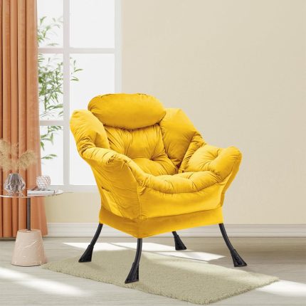 Lazy Chair Thick Padded, Accent Chair Velvet Upholstered with Wide Seat, Stable Metal Frame and Non-Slip Pad, Modern Sofa Armchair with Side Storage Bag for Dorm, Room, Office, Yellow