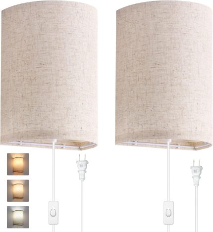 Wall Sconces Set of Two, Wall Lamp Plug in with On/Off Switch, 2700K 4000K 5000K Selectable, Wall Lights for Bedroom, Living Room, Fabric Linen Lamp Shades, No Wiring Required