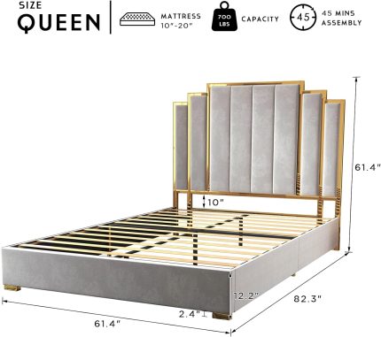 Queen Size Bed Frame and 61" Headboard, Upholstered Bed with Golden Plating Trim, Modern Platform Bed No Box Spring Needed, Light Grey