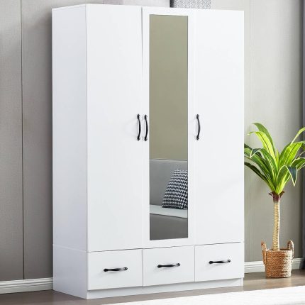 White Armoire Wardrobe Closet with 3 Doors Wooden Bedroom Armoires Clothes, Wood Wardrobe Closets Storage Cabinet with Hanging Rod Shelves Drawers Closets