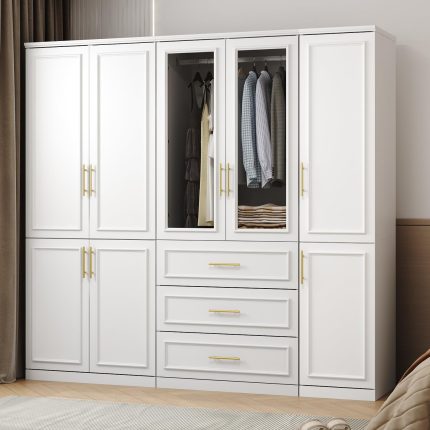 White Extra Wide Wardrobe Armoire with 8 Doors, Drawers, Storage Shelves & Hanging Rods, Wooden Closet Storage Cabinet for Bedroom (79.1”W x 19.3”D x 74.8”H)