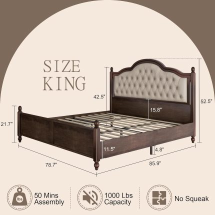 King Size Solid Wood Bed Frame, Transitional Platform Bed with 52.5" Upholstered Tufted Headboard, Rubberwood/Roman Column Accents/Wood Slat Support/No Box Spring Needed