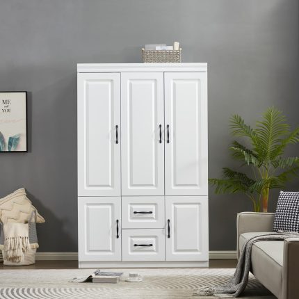 Wardrobe Armoire Storage Cabinet Wood: 3 Door 2 Drawers White Closet Wardrobe for High Storage Capacity with 3 Shelves and Metal Handles for Tall Cabinet Closet