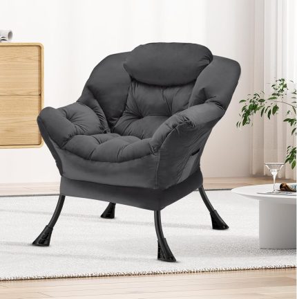 Fabric Lazy Chair Large Accent Chair,Velvet  Modern Lounge Reading Chair with Armrests & Side Pocket,Upholstered Armchair for Living Room,Bedroom,Dorm,Dark Grey