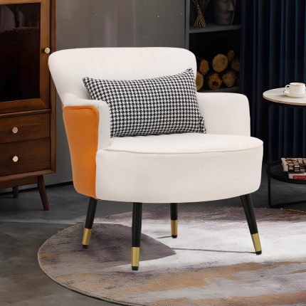 Accent Armchair Single Sofa Chair with Lumbar Pillow, White/Orange Contrasting Colors Upholstered Bedroom Reading Chair, Mid Century Modern  Armchair for Living Room Bedroom
