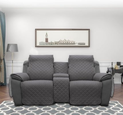 Loveseat Recliner Cover with Console, Reversible Couch Cover for Living Room, Split Sofa Cover for Each Seat with Elastic Straps for Kids, Dogs, Pets(2 Seater, Gray/Light Gray)