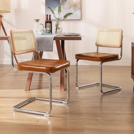 Mid-Century Modern Dining Chairs, Upholstered Tufted Faux Leather Accent Chairs Rattan Dining Chairs Set of 2, Armless Mesh Back Cane Chairs with Metal Chrome Legs, Brown