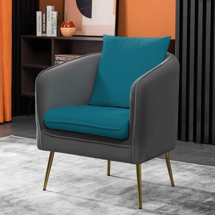 Sofa Chair Living Room Arm Chair Bedroom Reading Chair, Peacocke Blue/Gray Contrasting Colors Upholstered Dining Barrel Chair w/Backrest Pillow, Mid Century Modern Comfy Suede Singel Sofa