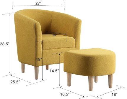 Modern Accent Chair, Upholstered Arm Chair Linen Fabric Single Sofa Chair with Ottoman Foot Rest Mustard Yellow Comfy Armchair for Living Room Bedroom Small Spaces Apartment Office