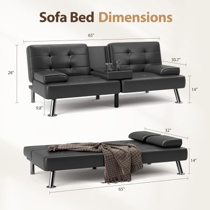 Convertible Folding Futon Sofa Bed Sleeper Couch for Living Room Faux Leather Upholstered Loveseat w/Removable Armrests, Metal Legs, 2 Cup Holders, Black