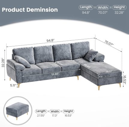 L Shaped Sectional Couch for Living Room, Velvet Modular Sectional Sofa Set with Ottoman & Chaise, Comfy Living Room Furniture Sets with 2 Pillows, Oversized Corner Sofa Couch, Grey