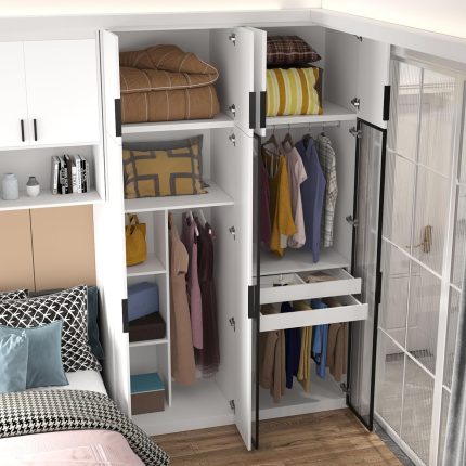 Tall Glass Door Wardrobe Closet, 63" W Wardrobe Clothes Organizer with 8 Doors, Drawers & Hanging Rods, Wooden Armoire Cabinet for Bedroom Storage, White Type F (63" W x 24.6" D x 101.4" H)