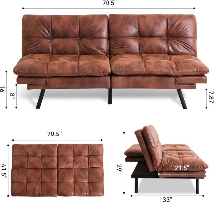 Futon Sofa Bed, Modern Faux Leather Sofa Couch with Convertible Backrest,Sleeper Sofa Couch Filled with Memory Foam for Living Room,Apartment,Bedroom,Brown