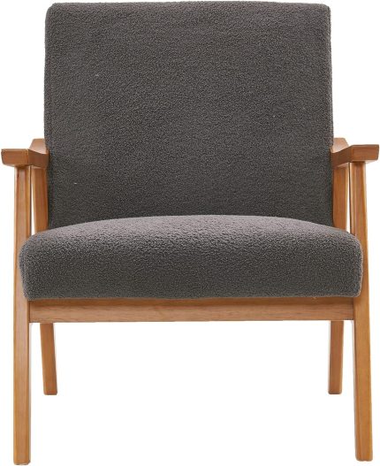 Mid-Century Accent Chair Modern Retro Leisure Chair with Solid Wood Frame Upholstered Teddy Fleece Fabric Single Sofa Armchair for Living Room, Bedroom, Balcont, Gray