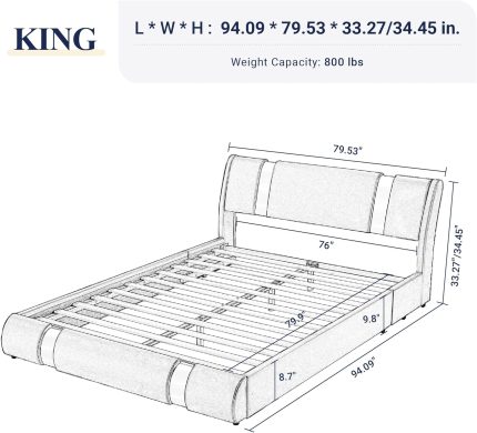 King Size Bed Frame with Iron Piece Decor, Faux Leather Upholstered Platform Bed with Adjustable Headboard & Strong Wooden Slats, No Box Spring Needed, White and Black