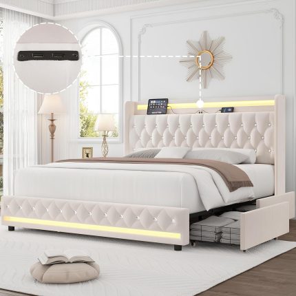 Full LED Bed Frame with Charging Station and 4 Storage Drawers, Velvet Upholstered Platform Bed with Handcrafted Crystal Button Wingback Headboard, Metal Frame with No Box Spring Needed, Beige