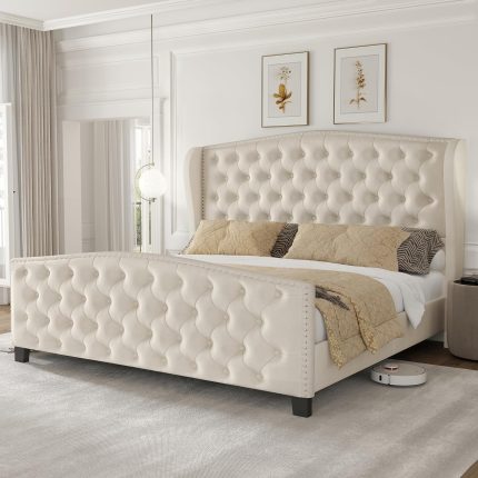 Queen Size Bed Frame Velvet Platform Bed with Wingback Headboard & Footbaord Upholstered Beds Deep Button Tufted Bed Frame with Wood Slats Support, No Box Spring Needed, Beige
