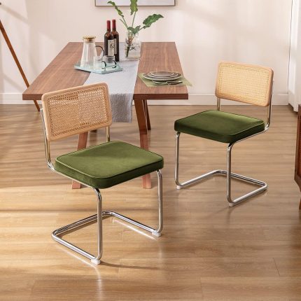 Mid Century Modern Dining Chairs Set of 2, Velvet Accent Chairs with Natural Cane Back & Stainless Chrome Base, Designed Chairs, Upholstered Rattan Kitchen Chairs,Green