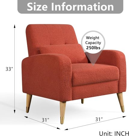 Mid-Century Modern Accent Chair, Upholstered Armchair Living Room Chair, Comfy Single Sofa Chair with Sturdy Legs, Polyester Fabric Chair for Living Room Bedroom, Red