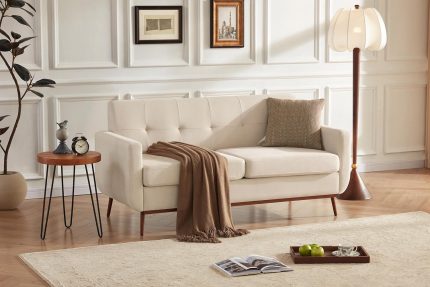 65" Loveseat Sofa, Mid Century Modern Love Seat Couches for Living Room, Comfy Upholstered Sofa Couch for Bedroom, Tufted Design 2 Seater Love Seat Sofa for Small Spaces (Linen-Beige)