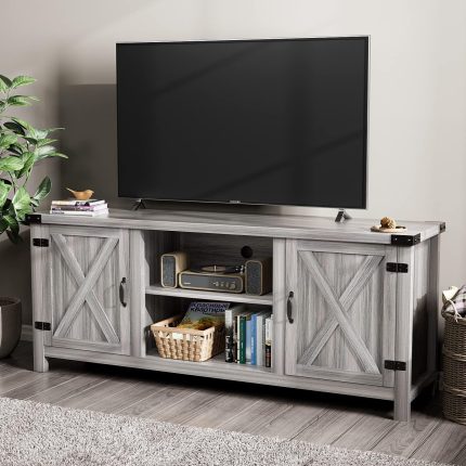 Modern Farmhouse TV Stand with Two Barn Doors and Storage Cabinets for Televisions up to 65+ Inch, Entertainment Center Console Table, Media Furniture for Living Room, 58 Inch, Gray Wash
