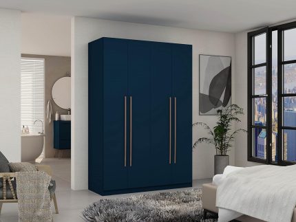 Modern Freestanding Armoire Wardrobe Closet, Stylish 2-Sectional Organizer with Hanging Rods, Drawers, and Shelf Space for Bedroom Storage and Dressing Room, Midnight Blue